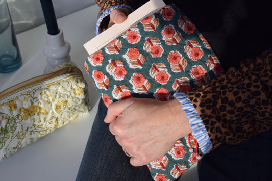 Housse à livre en tissu matelassé fleuri vert et orange - Maisonlili