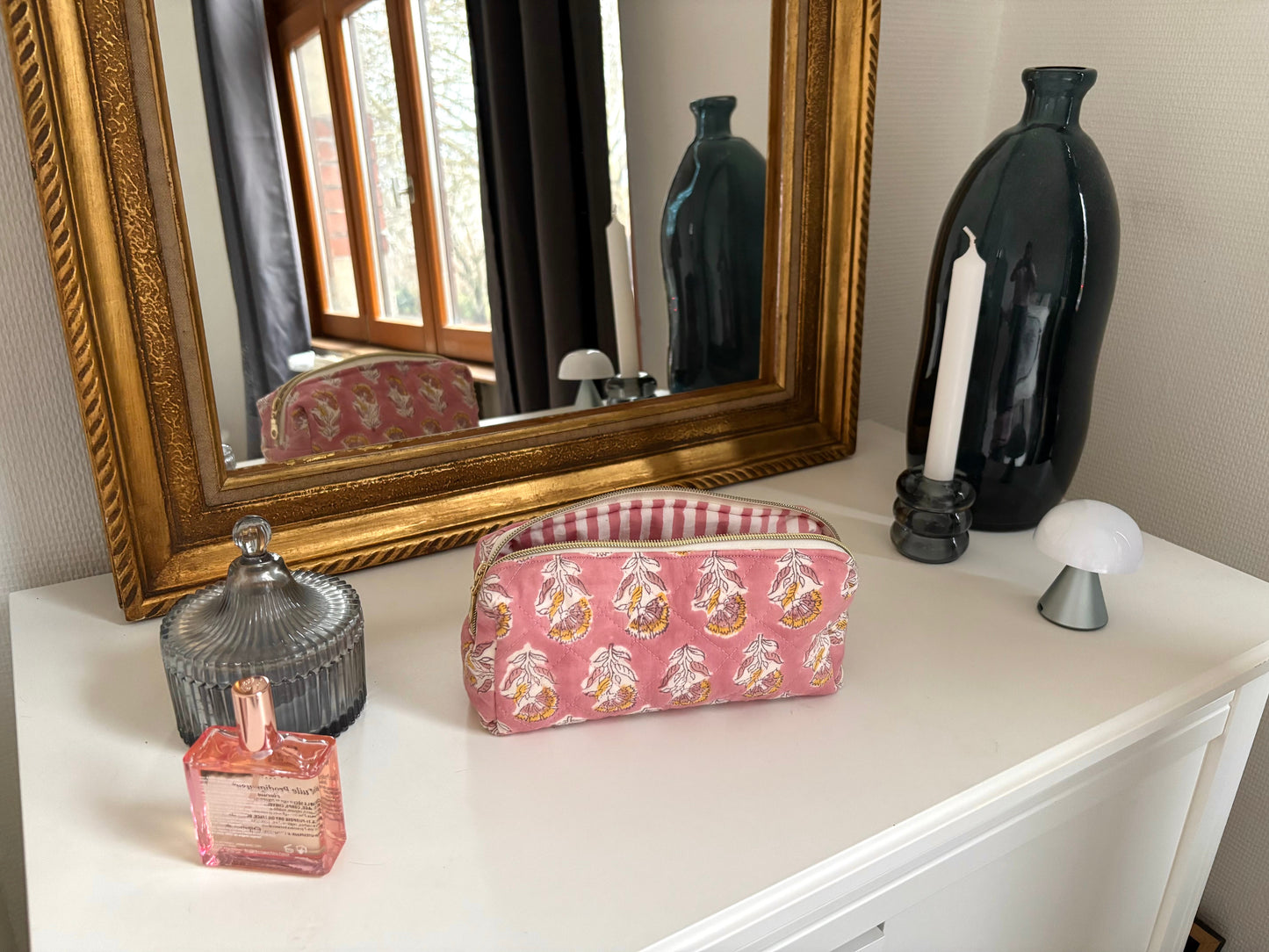 Trousse scolaire en tissu matelassé et fleuri rose Maisonlili