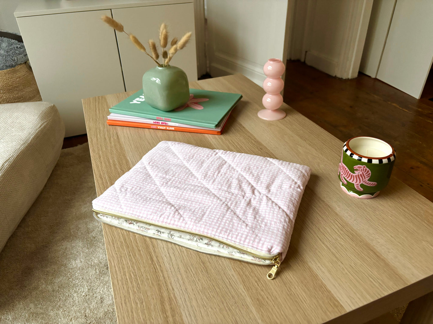 Housse pour ordinateur 13 ou 15 pouces en vichy rose, intérieur fleuri Maisonlili