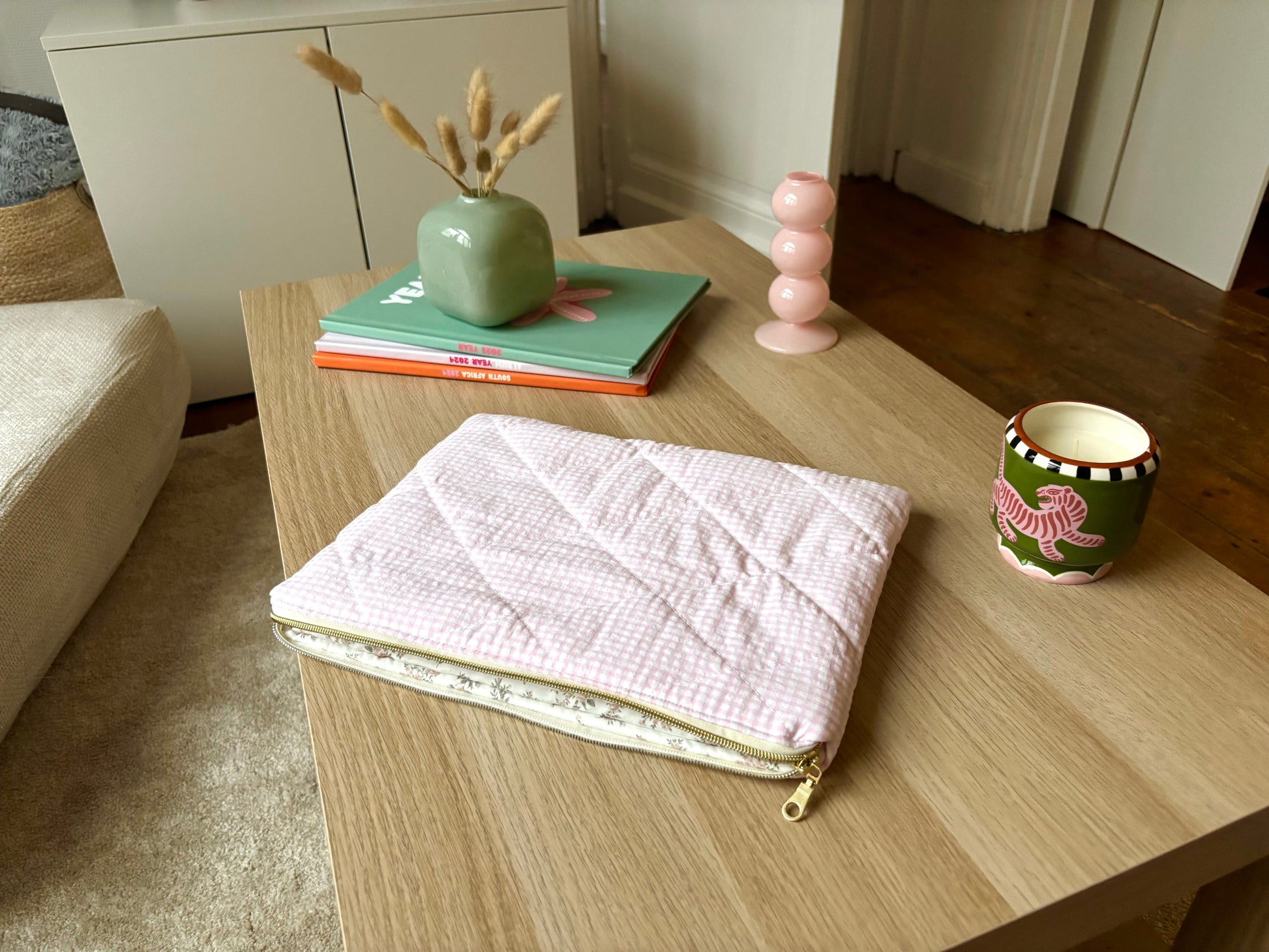 Housse pour ordinateur 13 ou 15 pouces en vichy rose, intérieur fleuri Maisonlili