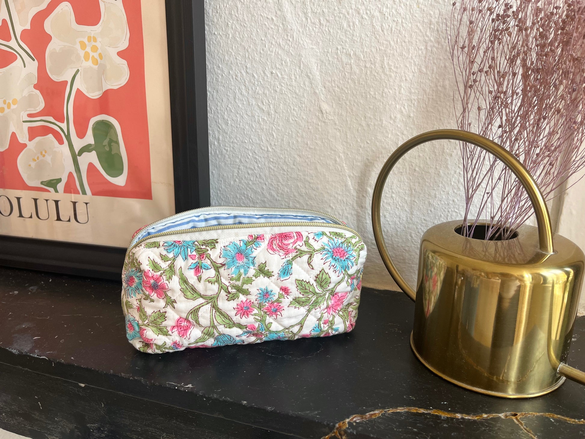 Trousse scolaire en tissu matelassé à fleurs, intérieur rayé Maisonlili