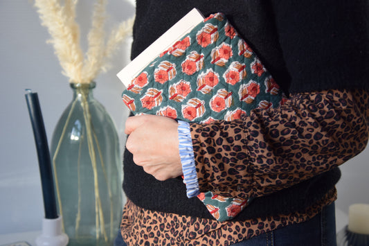 Housse à livre en tissu matelassé fleuri vert et orange - Maisonlili