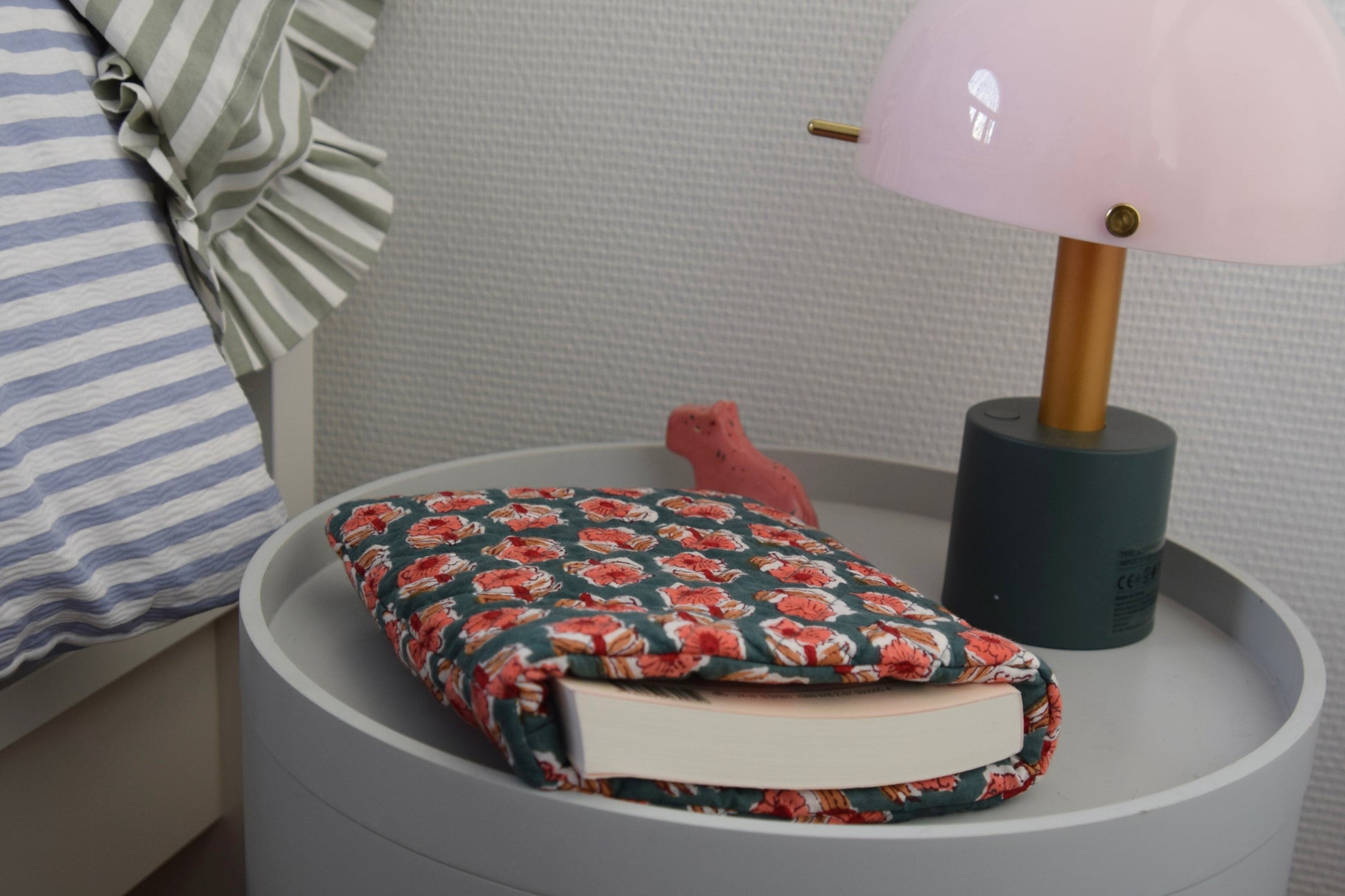 Housse à livre en tissu matelassé fleuri vert et orange - Maisonlili