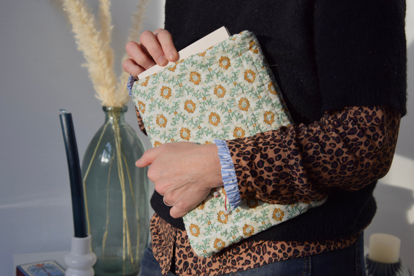 Housse à livre en tissu matelassé vert et jaune - Maisonlili