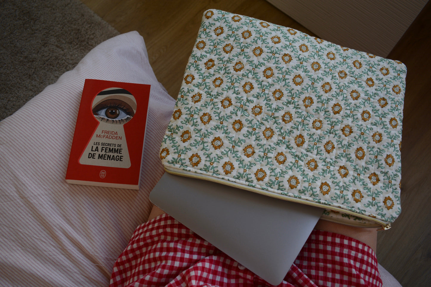 Housse pour ordinateur 13 pouces en tissu fleuri et matelassé vert et jaune - Maisonlili