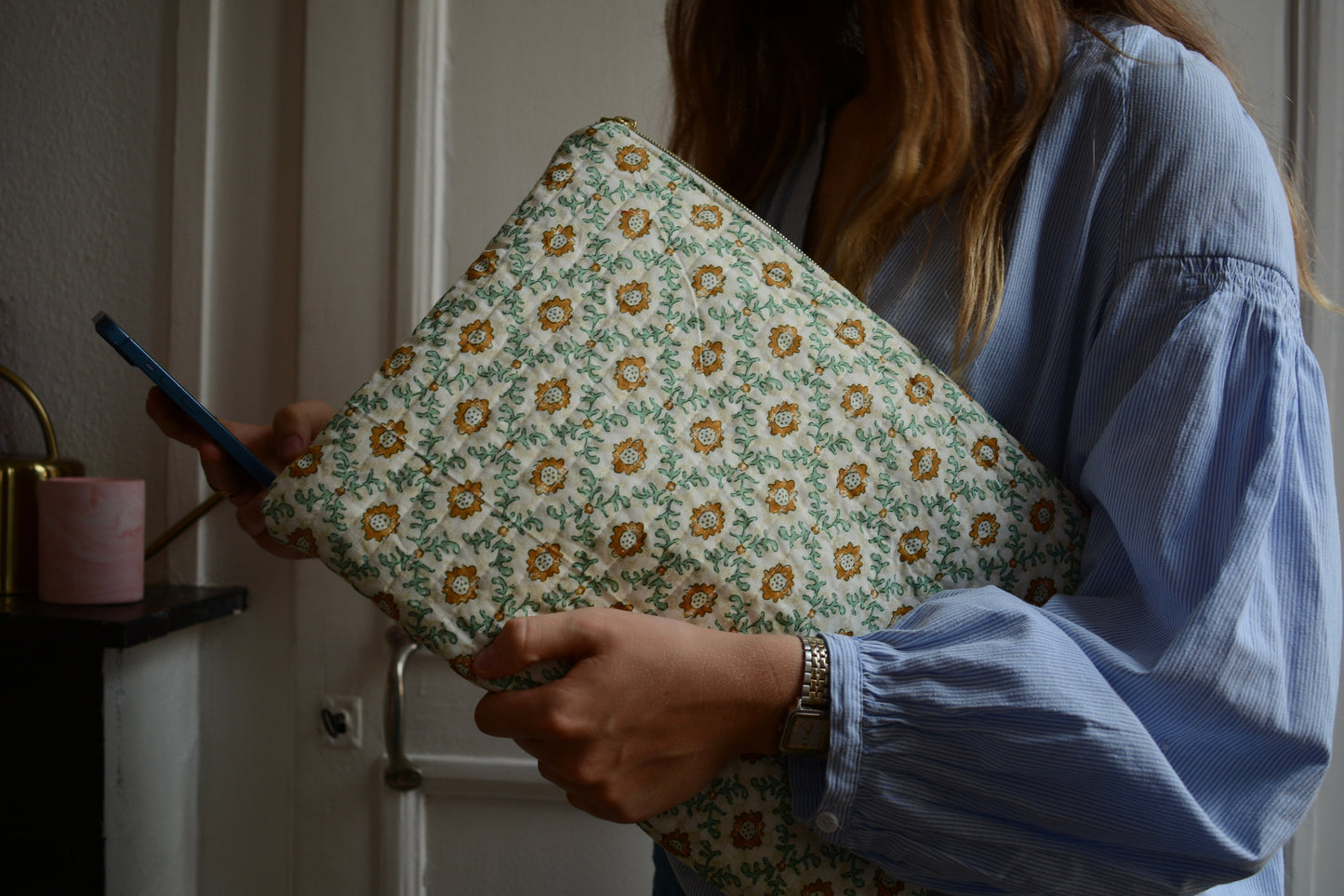 Housse pour ordinateur 13 pouces en tissu fleuri et matelassé vert et jaune - Maisonlili