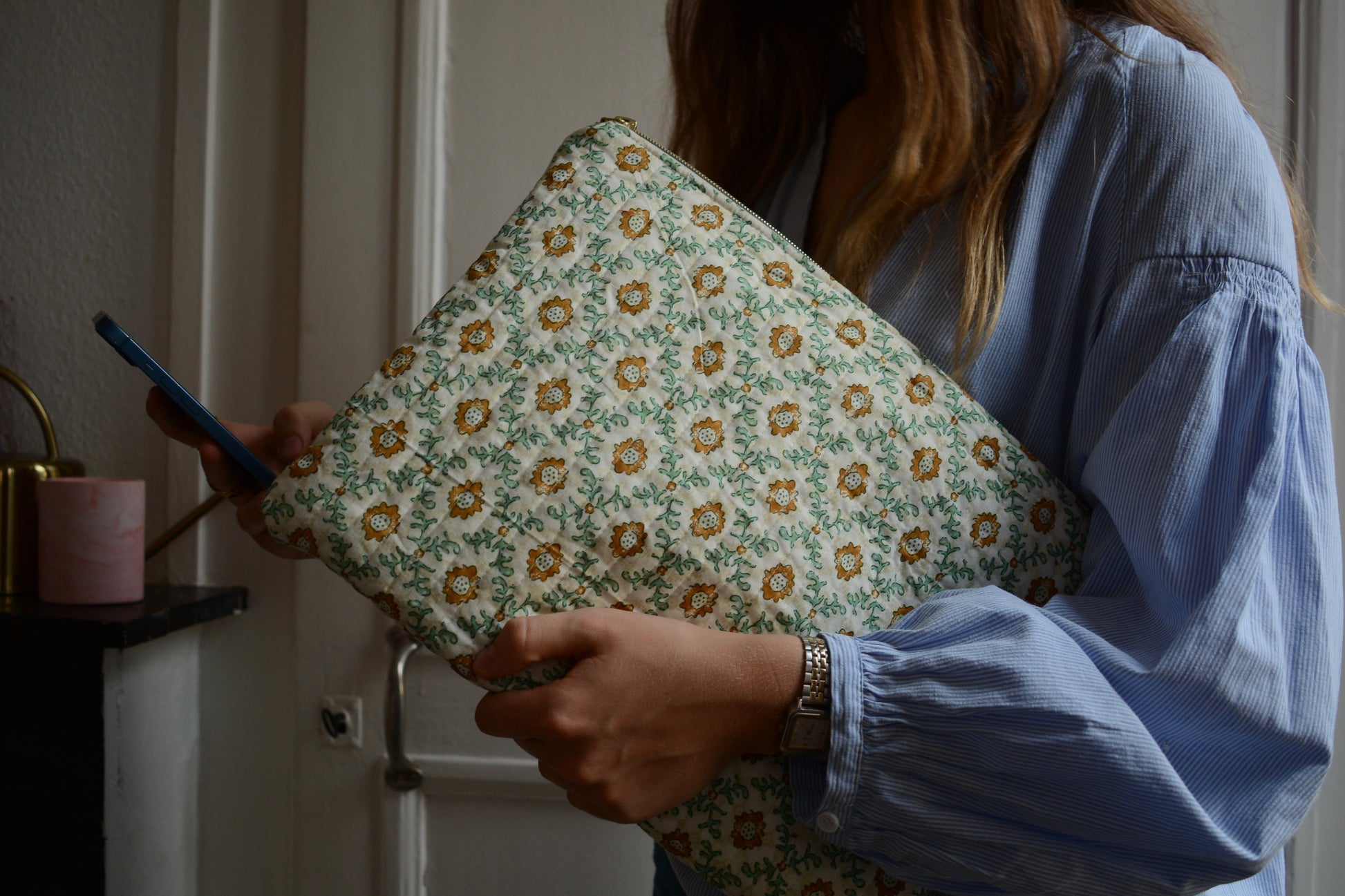 Housse pour ordinateur 13 pouces en tissu fleuri et matelassé vert et jaune - Maisonlili