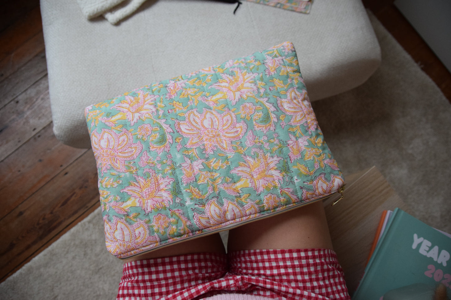 Housse pour ordinateur 13 pouces tissu matelassé vert eau et rose - Maisonlili